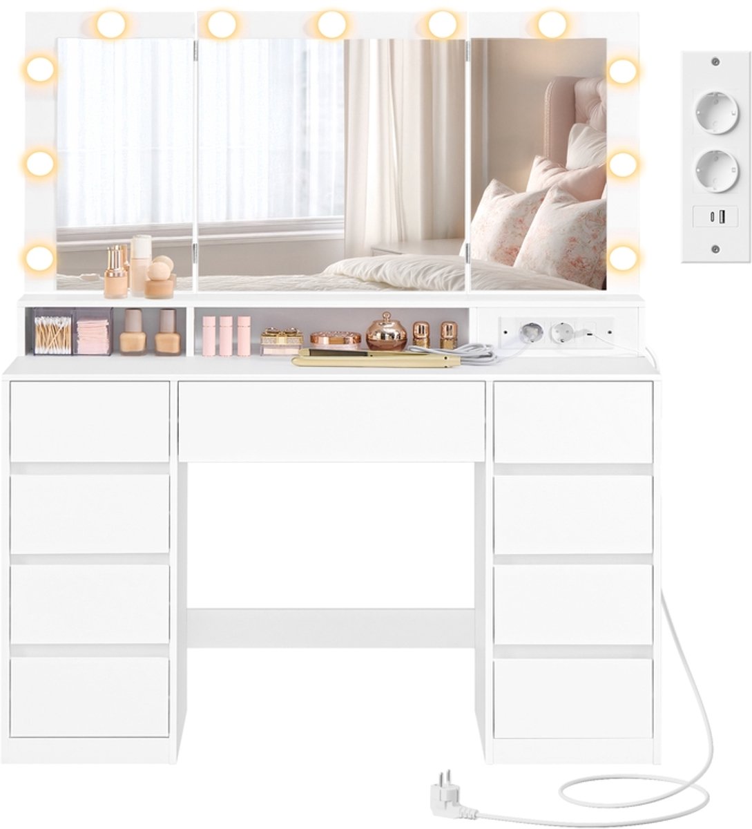 Kaptafel - Met spiegel en verlichting - Wolkenwit