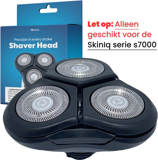 Zwarte scheerkop met drie roterende scheerelementen, naast een doos met "Shaver Head". Let op: alleen voor SkinIq serie s7000.