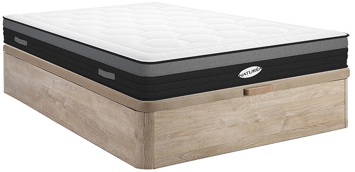 Vente-unique Set 160 x 200 cm bedbodem met opbergruimte lichte houtlook + hybride matras met pocketveren 7 zones en traagschuim 25 cm dik - AMARANTE van NATUREA