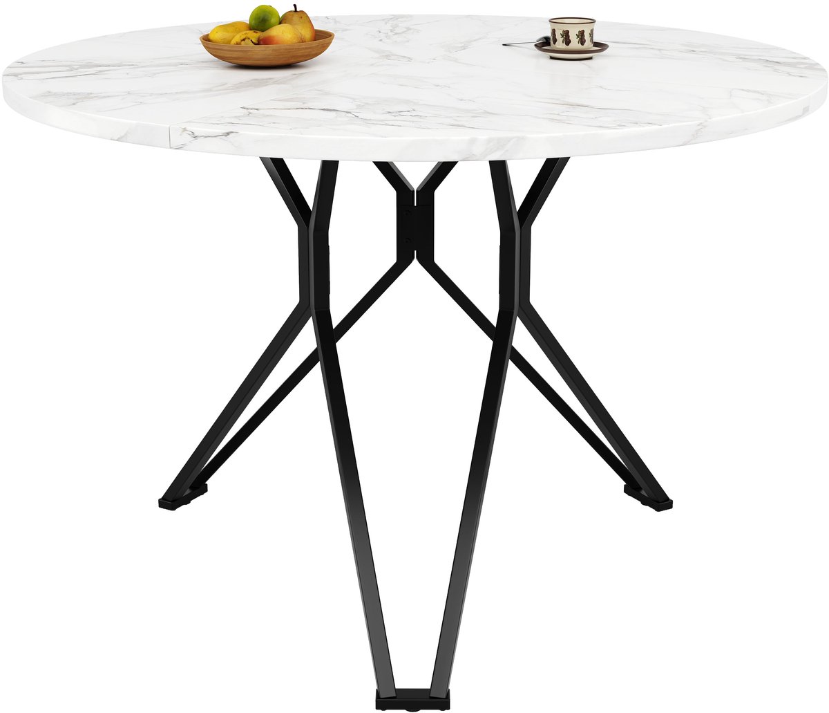 Merax Ronde Eettafel 100 X 100 X 76 Cm – Marmerlook MDF Tafelblad – Zwart Metalen Onderstel – Keukentafel Voor 4 Personen