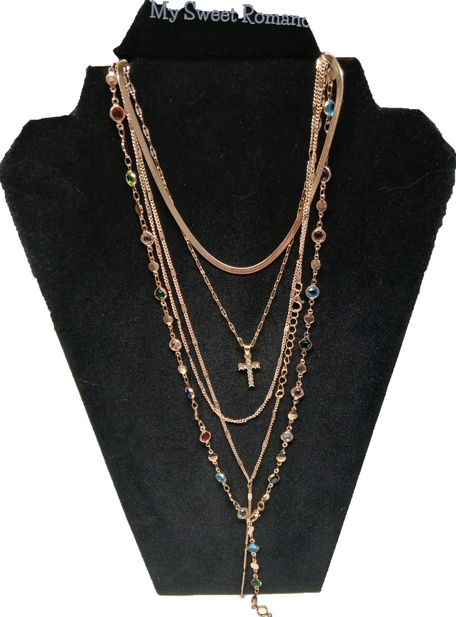 My Sweet Romance® - Dames Ketting 5-Delig - Goudkleurig met Kruisje en Kleurrijke Steentjes