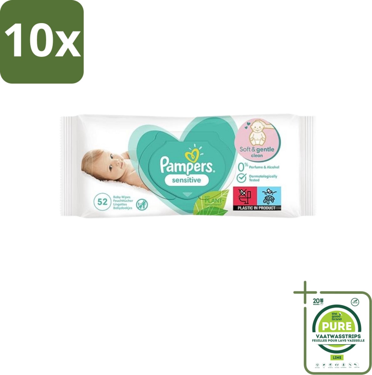 10 x Pampers – Babydoekjes – Sensitive – 52 Doekjes - Grootverpakking - Gevoelige Babyhuid - Pasgeboren Baby - Milde Reiniging - Zachte Doekjes - Baby Verzorging