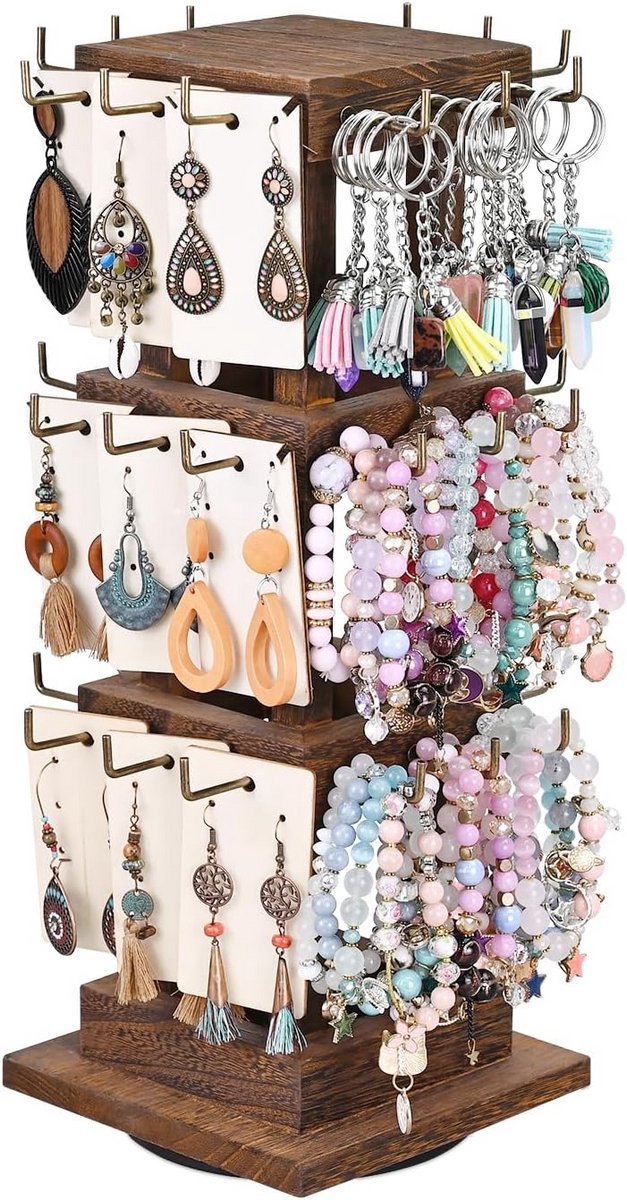 Roterende Houten Sieradentoren met 36 Haken voor Oorbellen en Armbanden | Display Standaard