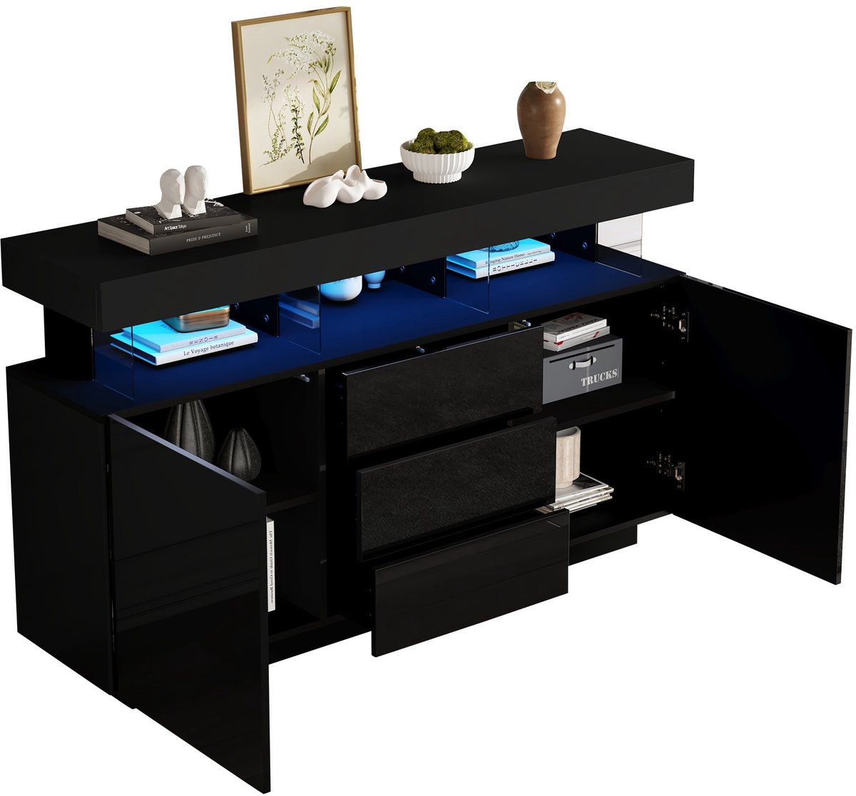 Merax Zwart Hoogglans Dressoir Met Led Verlichting - Opbergkast Met 3 Lades En 2 Kastdelen - Met Open Vakken En Glasplanken - Acryl Detail Aan Voorzijde - Voor Eetkamer Keuken En Hal - 140 X 35 X 80 Cm