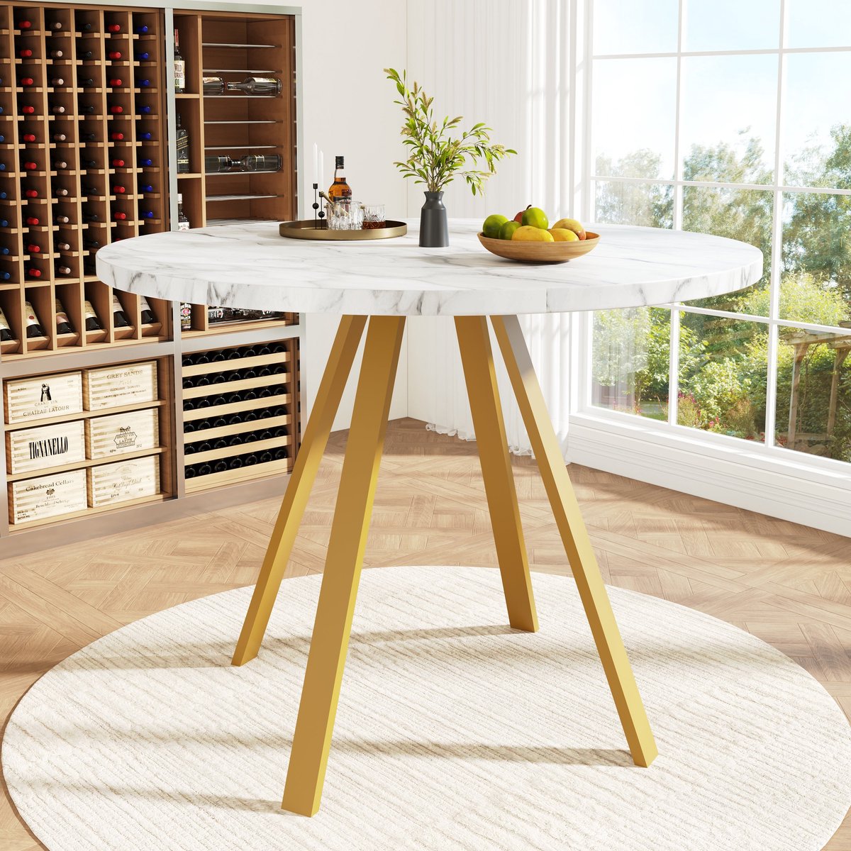Merax Ronde Eettafel 80 x 80 x 75 cm - Marmerlook Wit Tafelblad - Goudkleurige Metalen Poten - Keukentafel - Woonkamer Tafel - Voor 4 Zitplaatsen