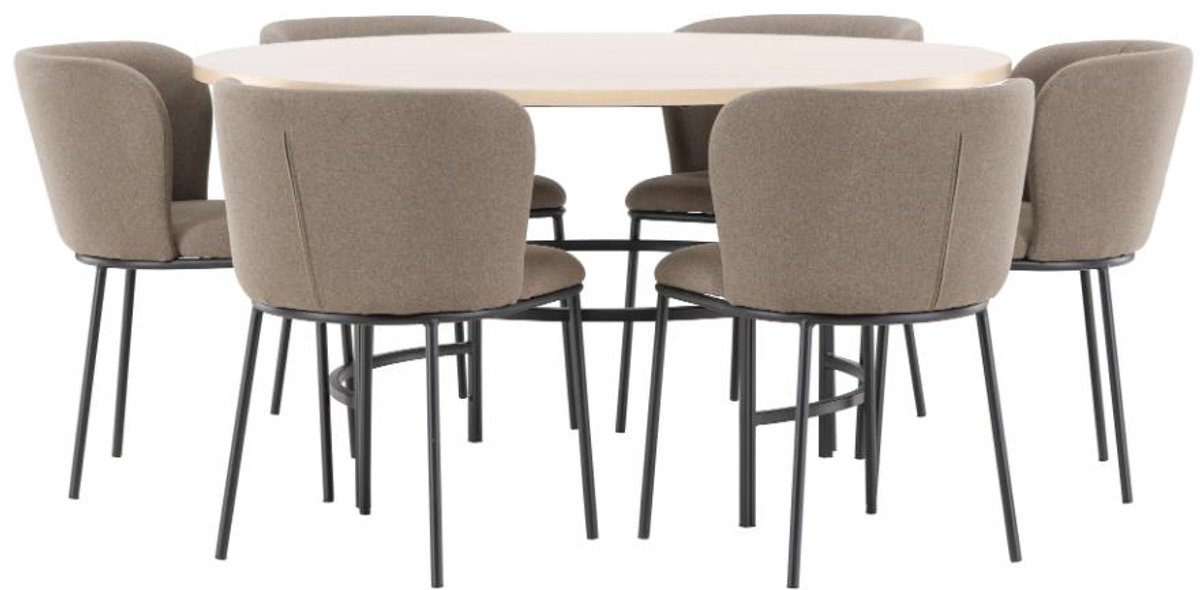 Copenhagen eethoek tafel Ø140cm en 6 stoelen whitewash, bruin.