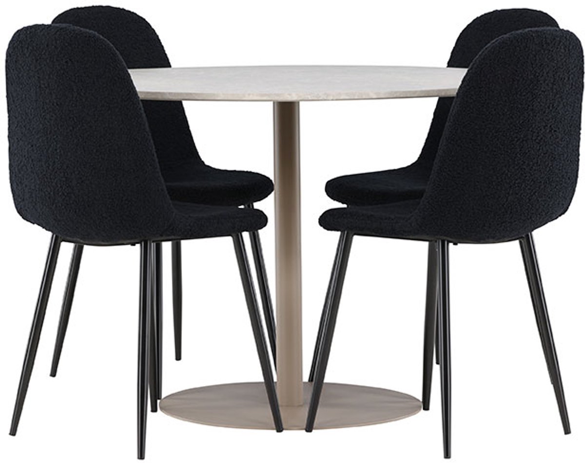 Lycke eethoek tafel Ø110cm en 4 teddy stoelen beige.