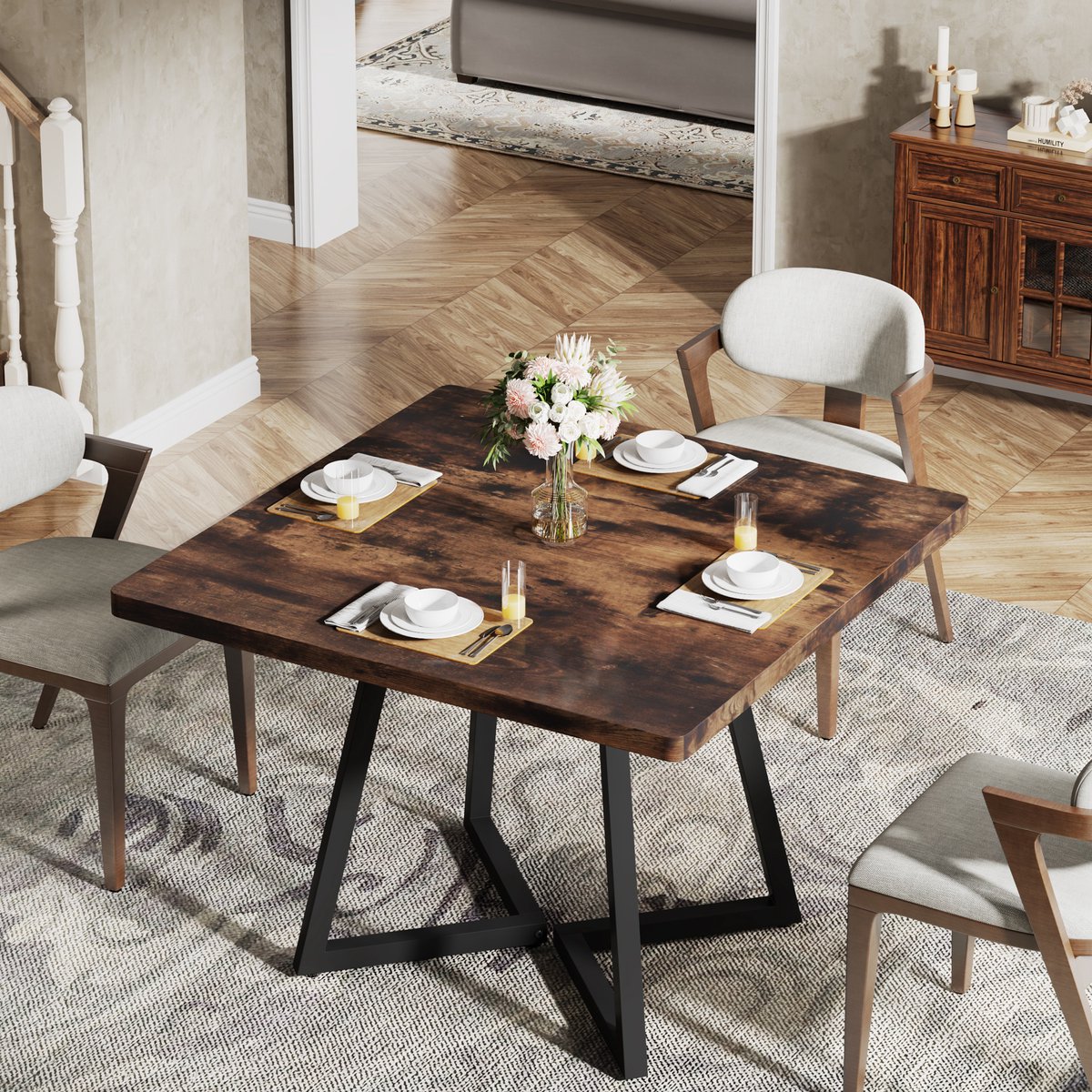 Tribesigns Eettafel Keukentafel voor 4 personen - 80 x 80 x 75 cm - Industrieel design - Houten Eettafel voor Eetkamer - Donkerbruin
