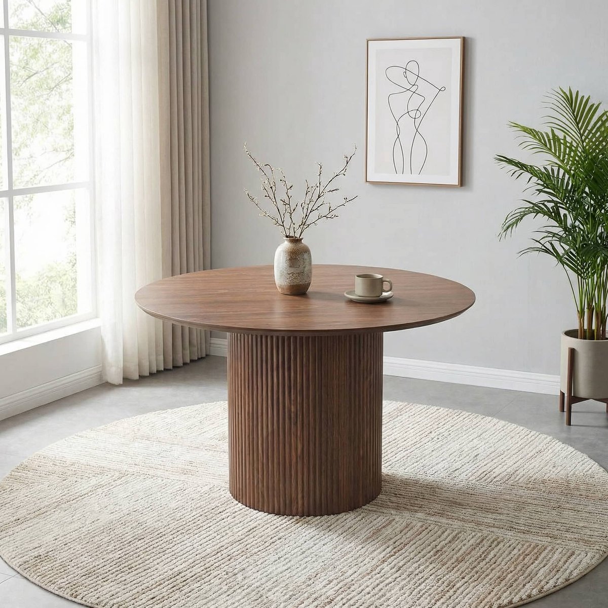 Eettafel Kiko rond 120cm walnoot Japandi eetkamertafel