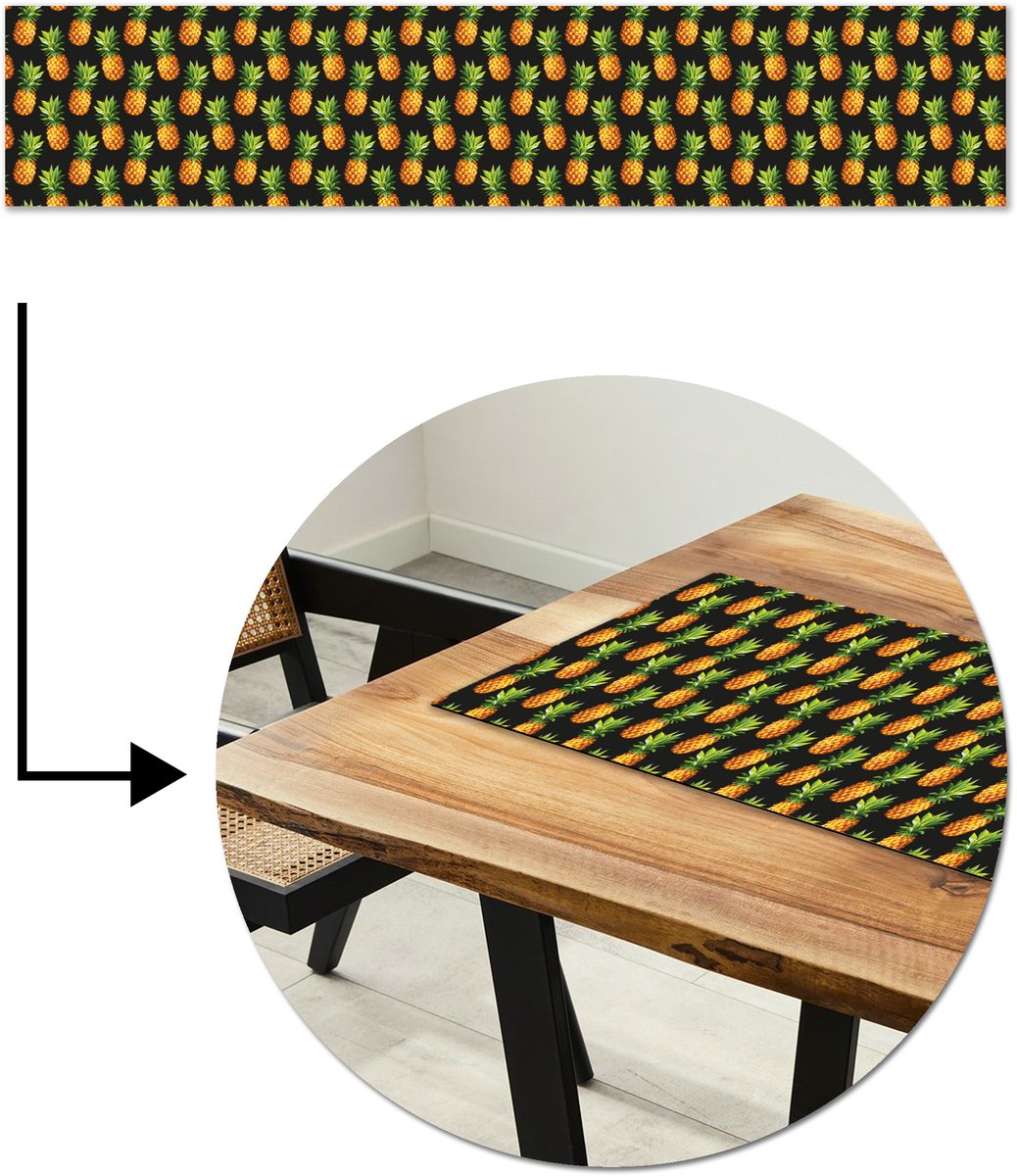 Tafelloper 200x40 cm - Tafelmat vinyl Tropische - Ananas - Zwart - Tafeldecoratie - Tafelversiering - Keuken decoratie - Tafel versiering