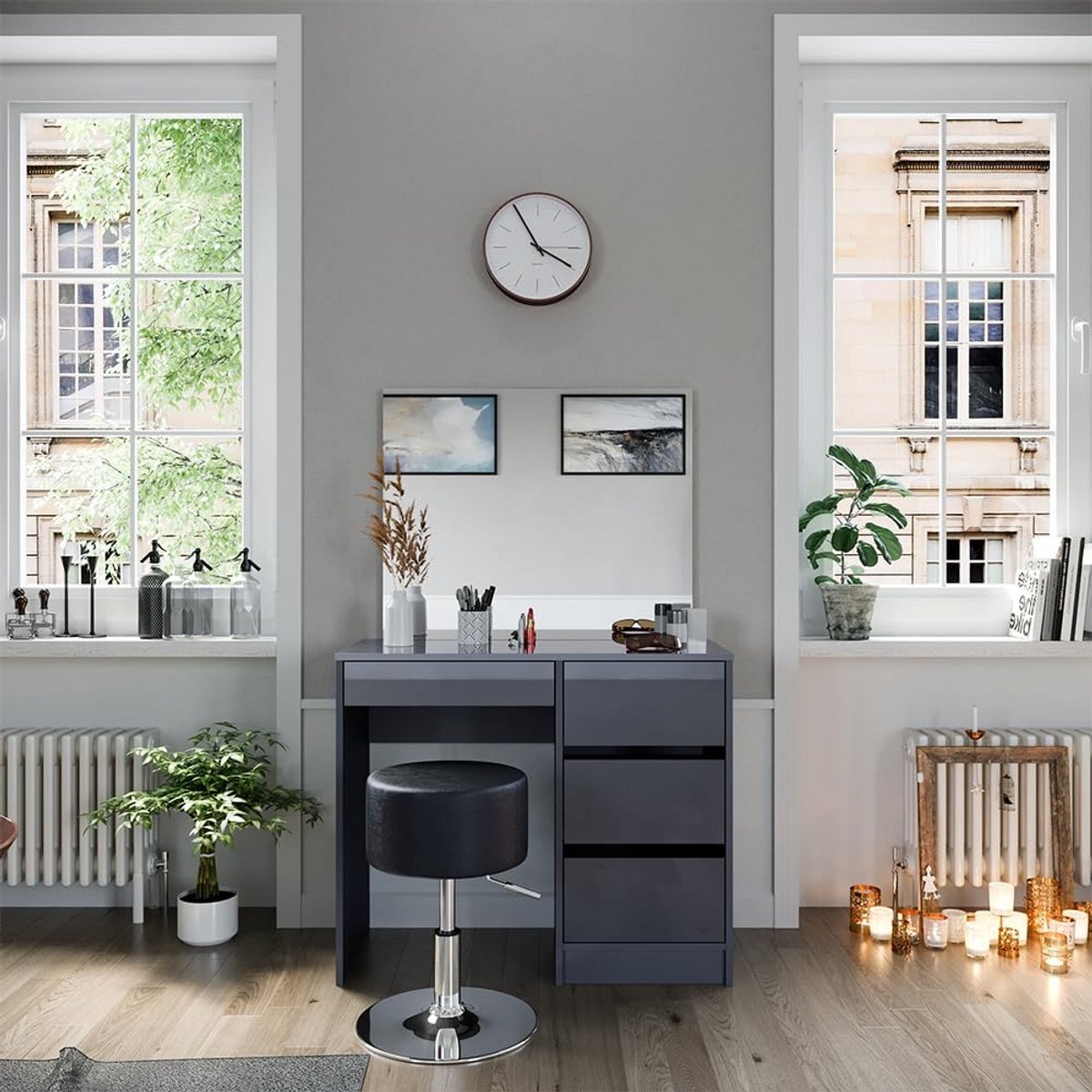 Kaptafel met LED Spiegel en Kruk Antraciet Hoogglans 90 cm
