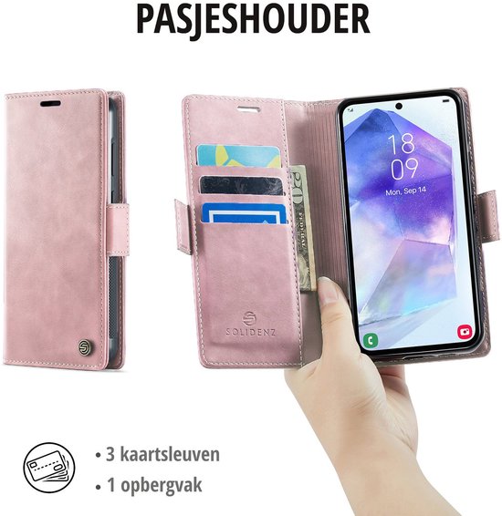 Roze hoesje, open, met "PASJESHOUDER" tekst, kaarten en telefoon.
