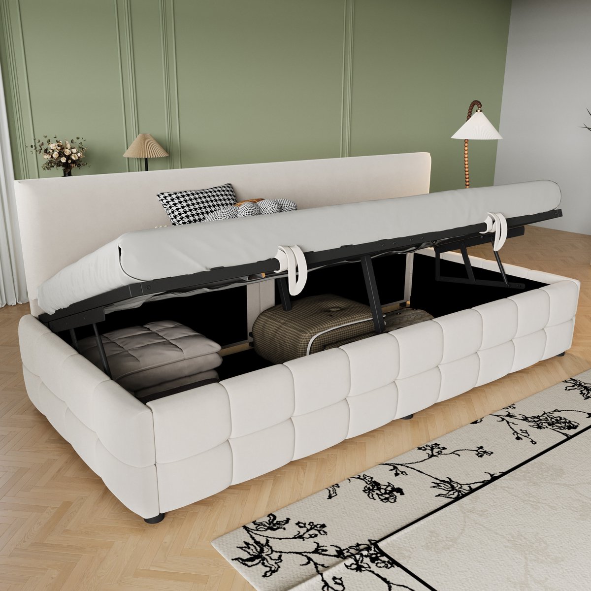 REDOM Slaapbank 90x200 cm – Fluweel met hydraulische opbergruimte – Beige