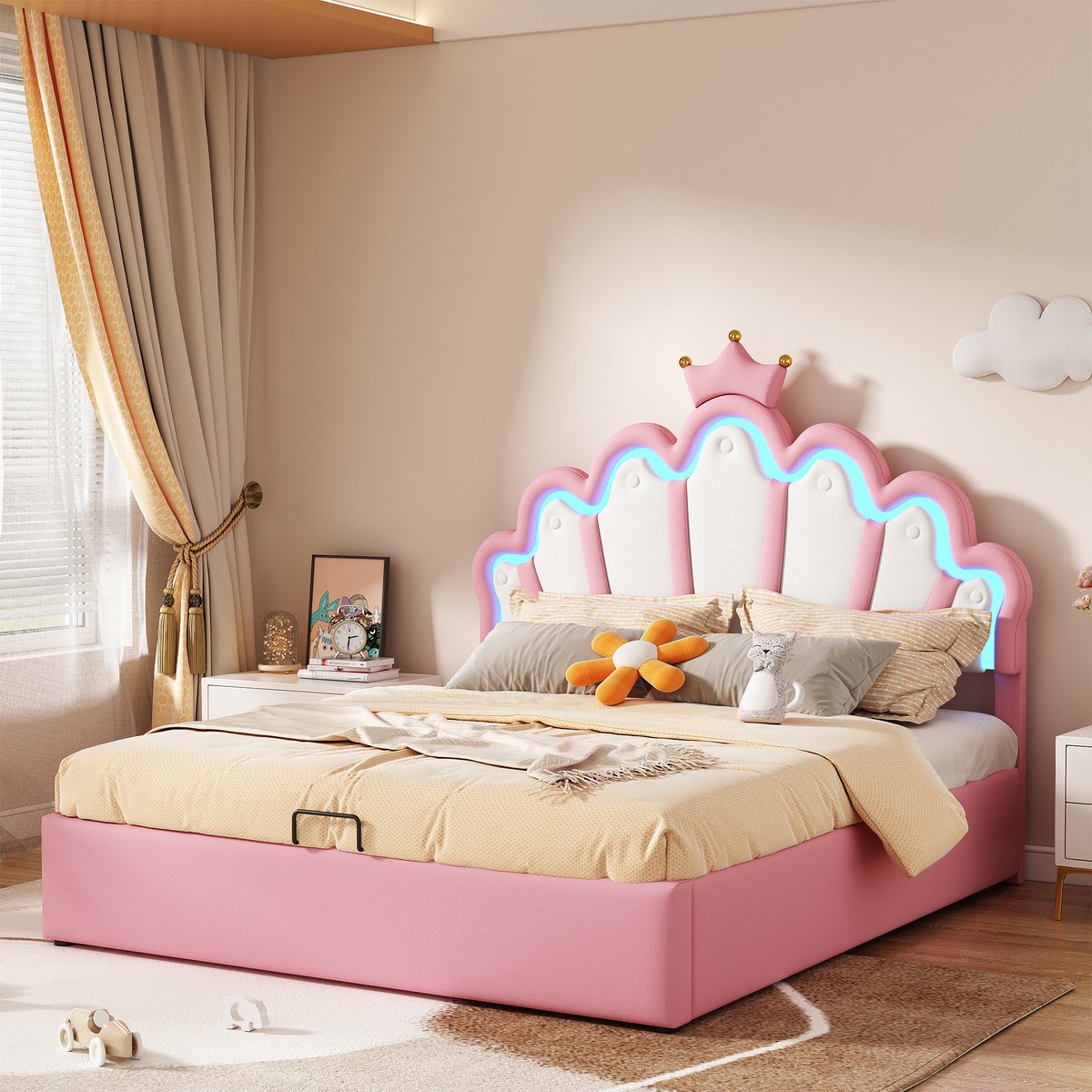 REDOM Luxe Prinsessenbed met LED & Gasveer (140x200) - Twijfelaar Kroonbed van PU Leer - Roze