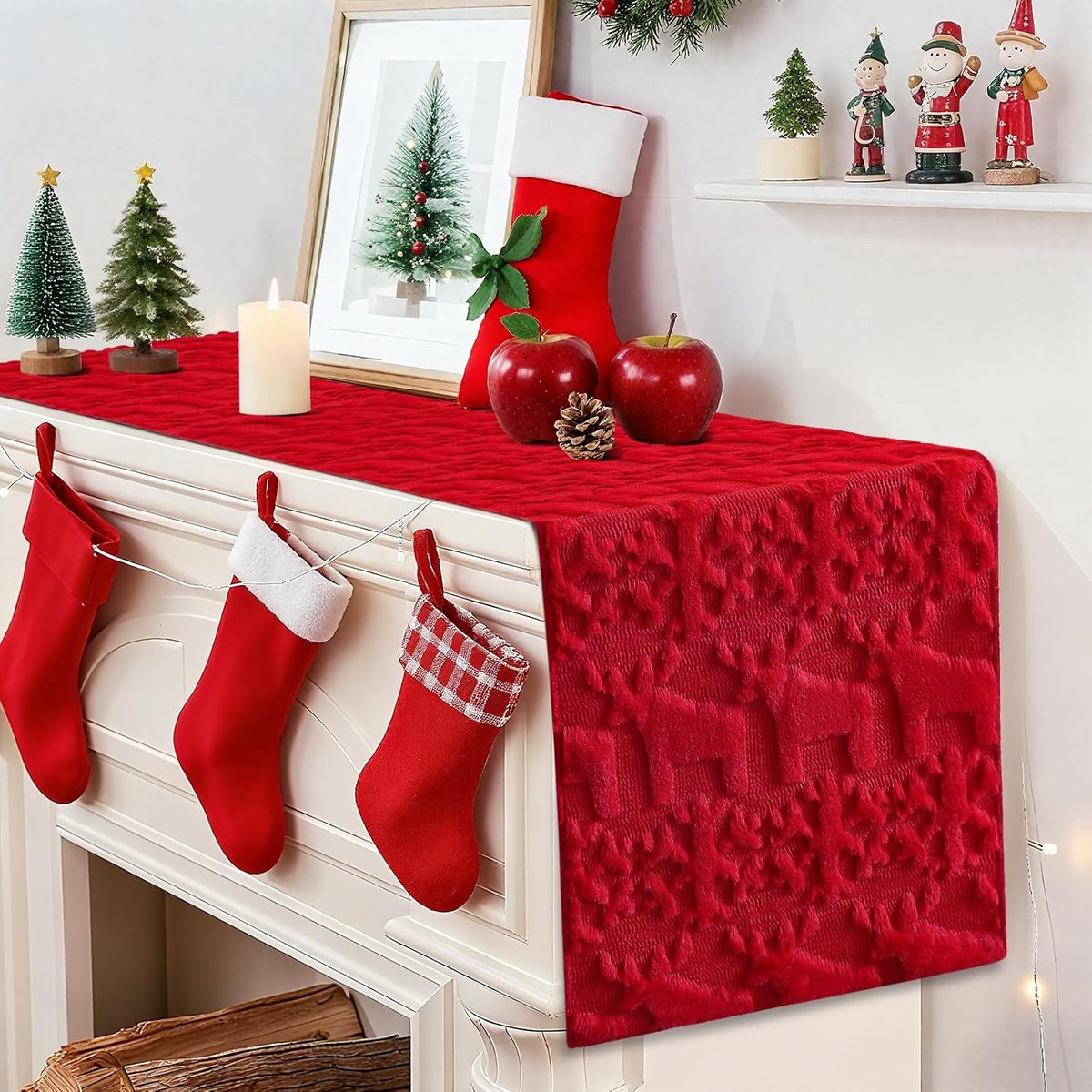 Luxe Kerst Tafelloper Sneeuwvlok Jacquard Rood - 40x240 cm - Feestdecoratie Eettafel