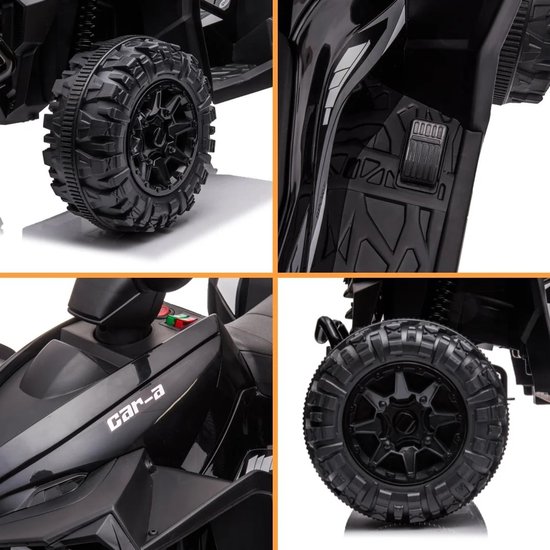 Details van de zwarte kinderquad: off-road wielen, pedaal, MP3-speler en zijkant.