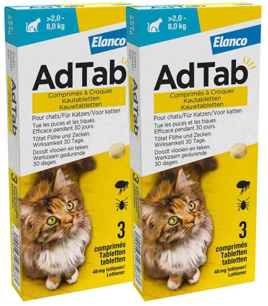 AdTab Anti Vlo en Teek Kauwtabletten Kat >2,0-8,0 kg - 2 x 3 tabletten - Voordeelverpakking