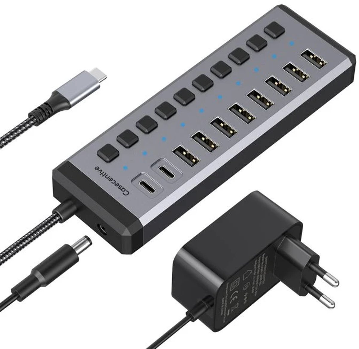 Casecentive 10 in 1 Oplaadstation met Voeding - Super Oplader - 10 Poorten - Usb A en C - Lader met Stekker - 10Gbps hoge overdrachtssnelheid