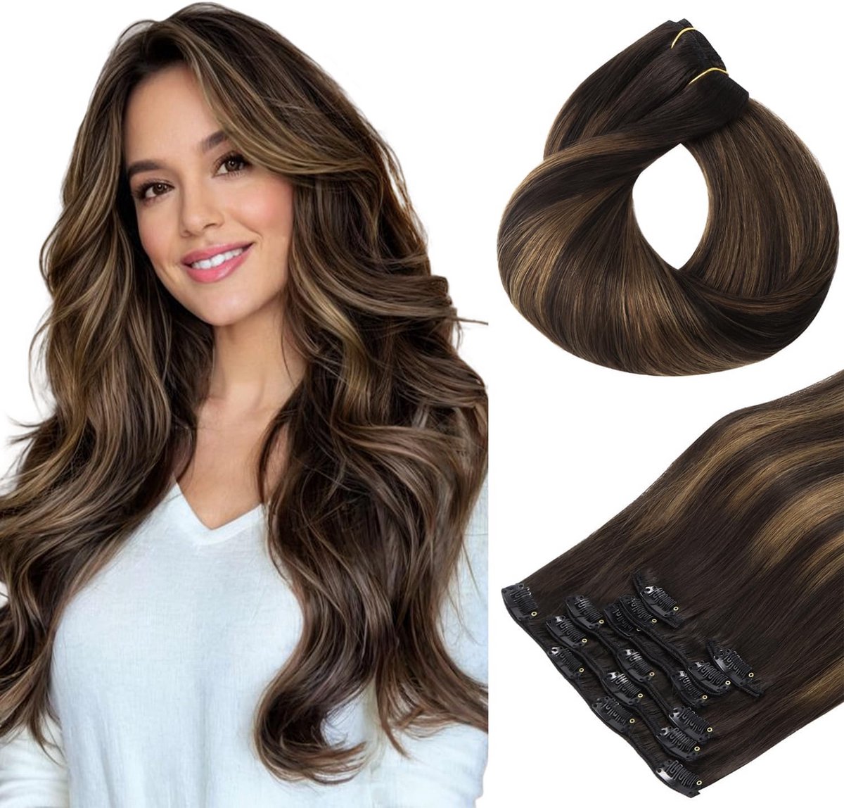 Clip-in Haarextensies Echt Haar 60 cm Balayage Donkerbruin naar Lichtbruin 7 Delen