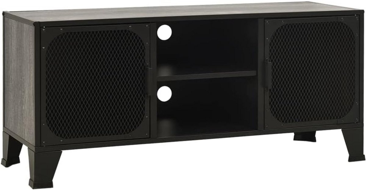 TV Meubel met 2 Metalen Deuren en Opbergruimte - Grijs MDF en Metaal