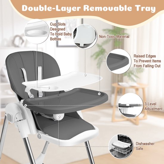 Soontrans - 4-in-1 Premium Kinderstoel - Meegroeistoel 0 tot 3 Jaar met Schommelfunctie - Inklapbare Eetstoel & Babystoel met Afneembare Eetblad - Verstelbare Rugleuninghoek - Peuterstoel - Kinderstoel op Wielen - Babystoel aan Tafel - Grijs van Merkloos — afbeelding 5