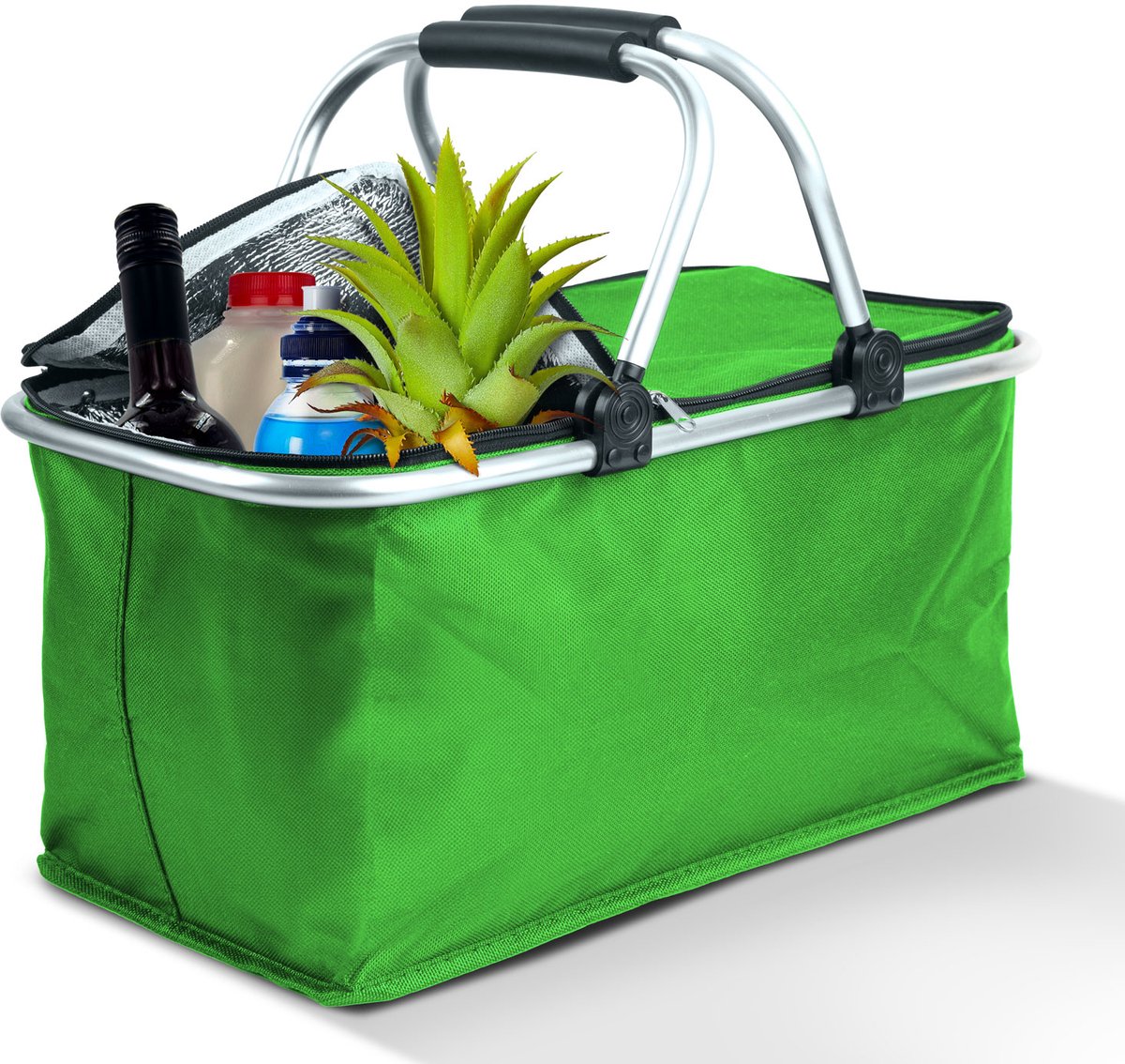 Thermo Opvouwbare Picknickmand Met Koelvoering – Groen – 49 × 28 × 25 cm – 21 Liter – Geïsoleerde Boodschappenmand Met Ritssluiting En Zachte Handgrepen [11549B]
