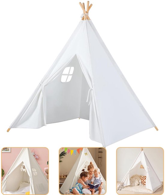Tipi Tent - Wigwam Speeltent met Ramen van Katoen -120x120x130cm - Wit