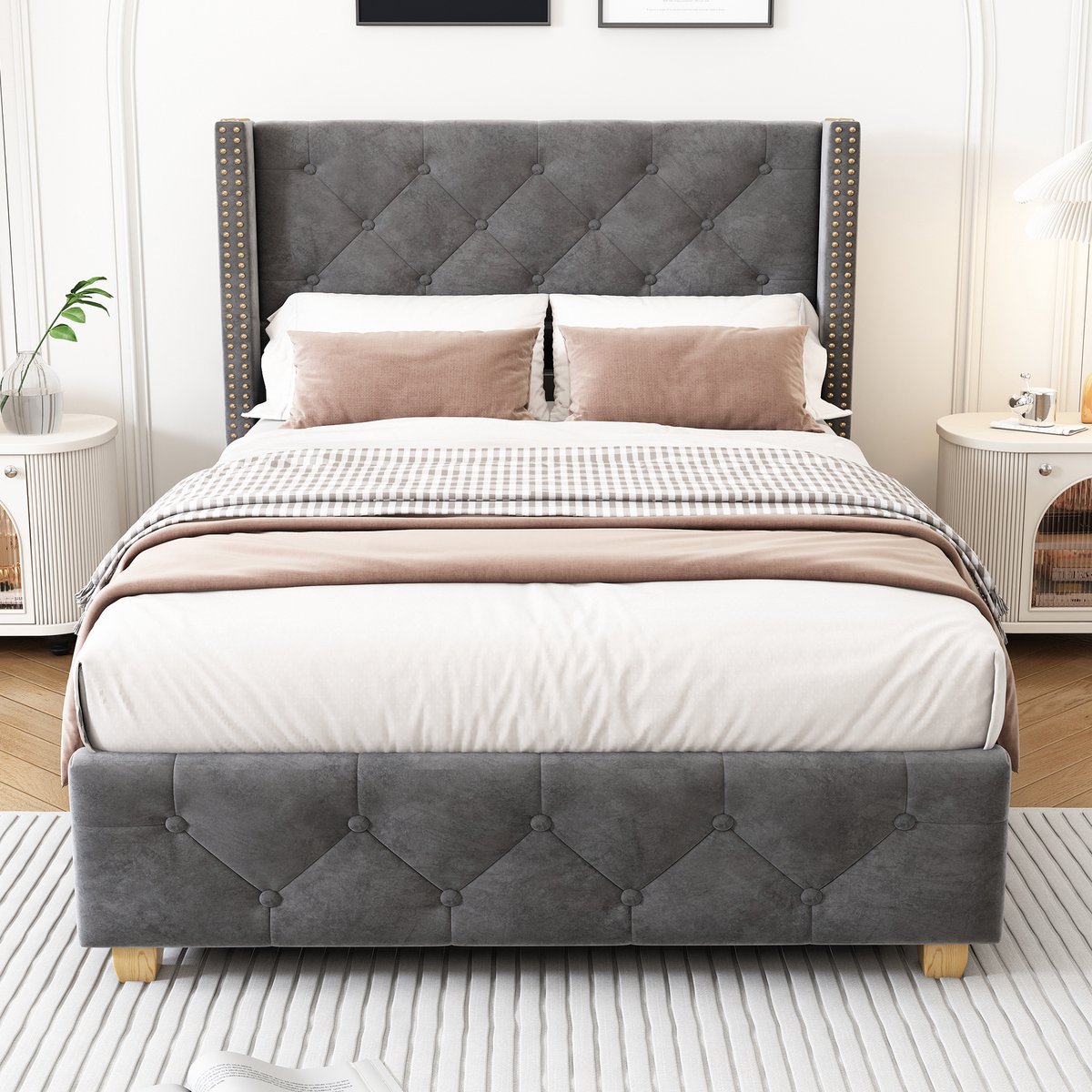 Merax 90x200 cm gestoffeerd bed - met lattenbodem en hoofdeinde - met knoopdecoratie - spijkerdecoratie - fluweel - grijs - zonder matras