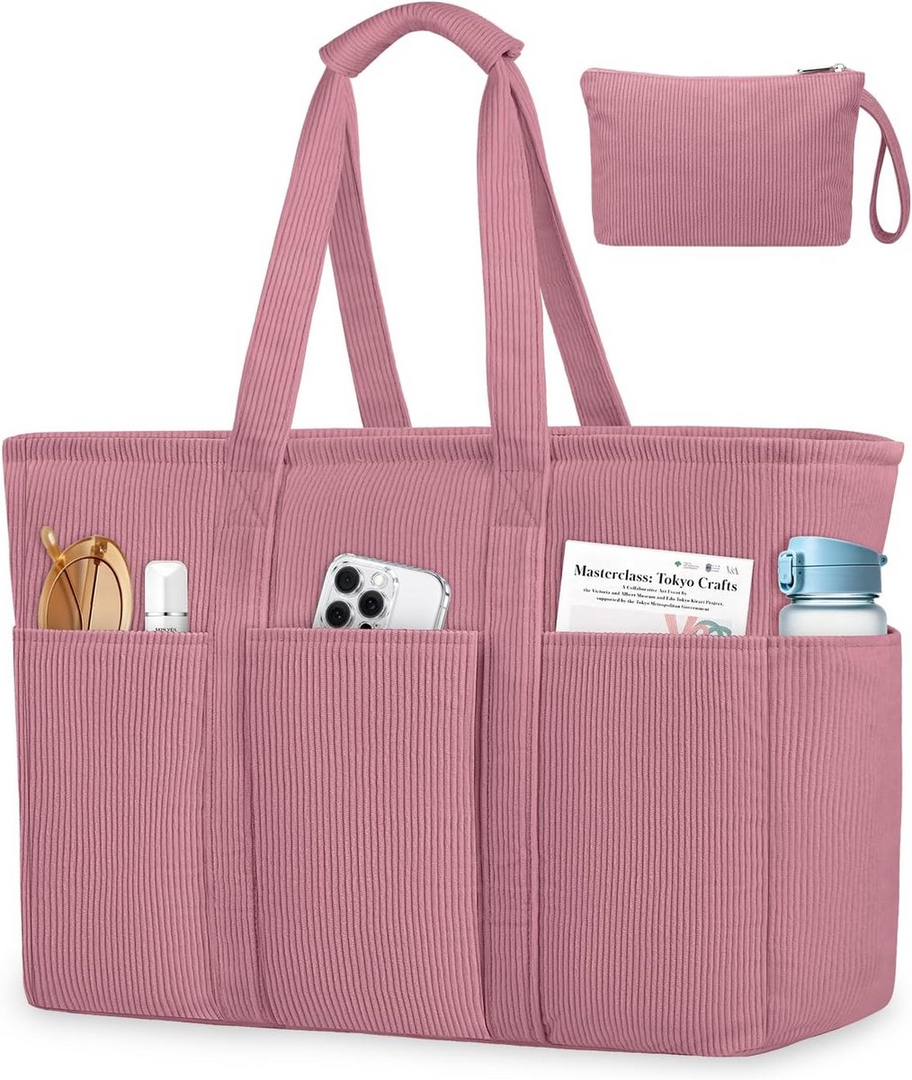 Grote Corduroy Tas voor Dames met Ritssluiting - Shopper voor Werk en Reizen
