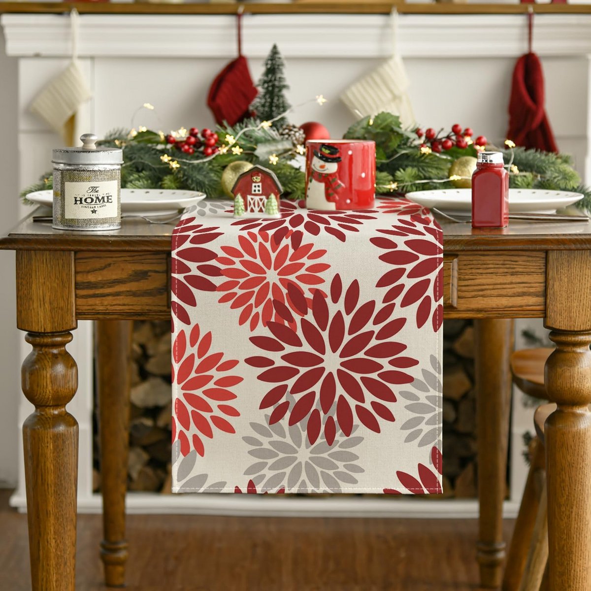 Tafel Loper Bloemen Rood Dahlia's Decoratie Indoor Feestelijk 40 x 180 cm