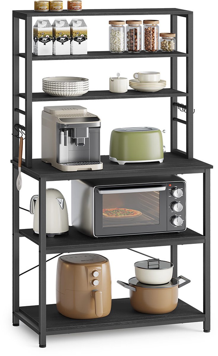 Bakkersrek – Hout en metaal – Rustiek bruin en zwart – 6-laags opbergrek met haken en magnetronstandaard