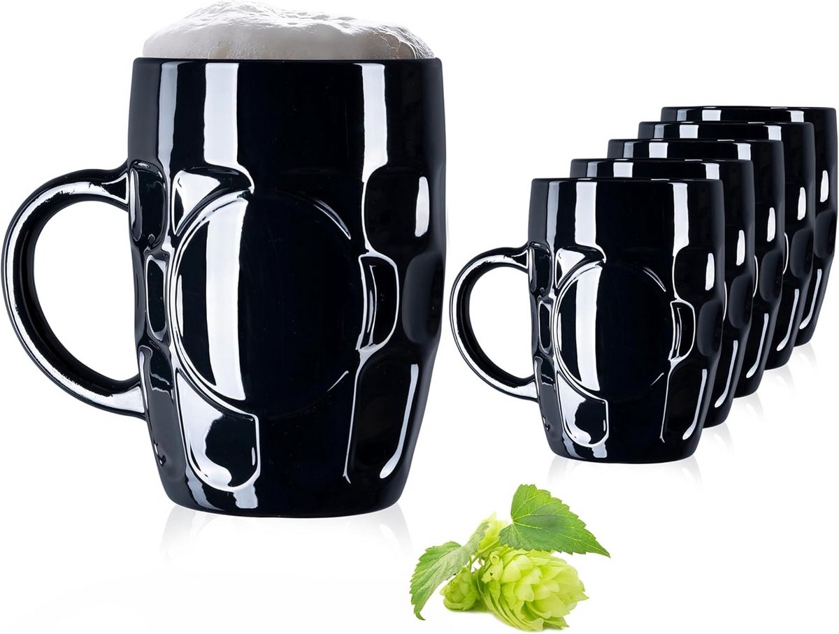 Set van 6 Bierpullen met Hendel 500ml Zwart Bierglazen met Decoratief Patroon