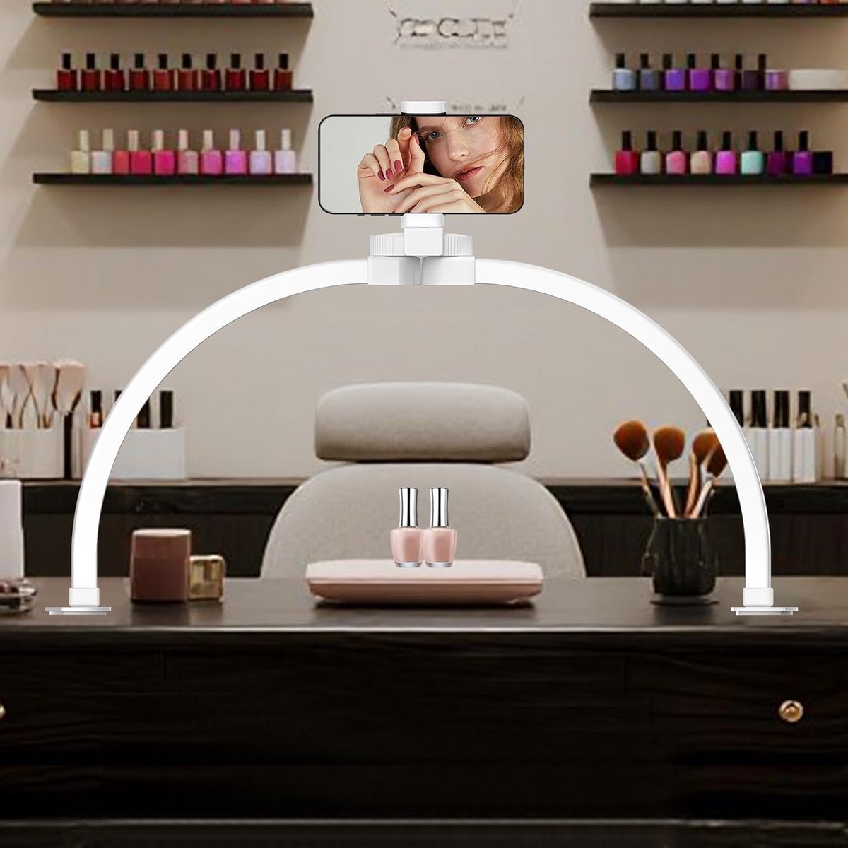 Grote Halve Maan LED Lamp met Telefoonhouder voor Nagelstylisten en Wimperexperts