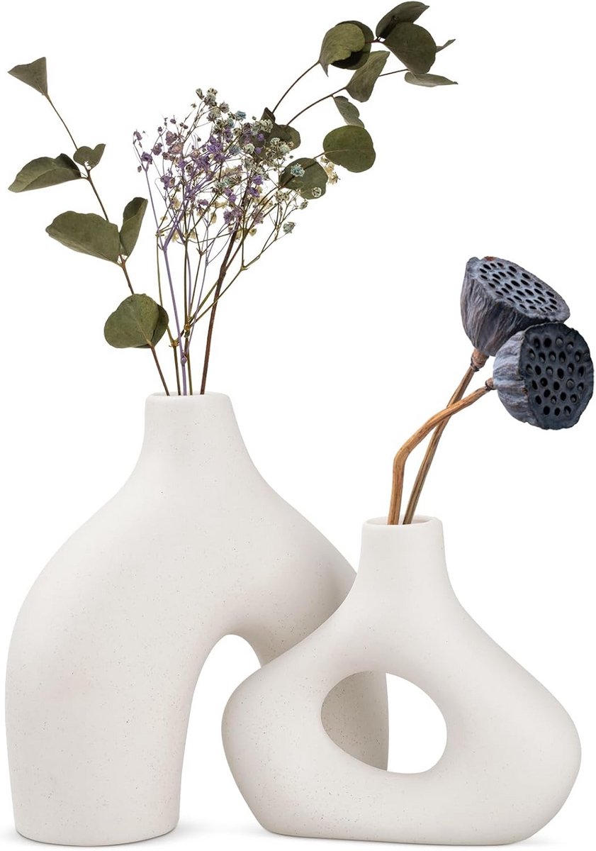 Set van 2 Witte Keramische Donut Vazen - Scandinavische Decoratie voor Pampasgras en Bloemen