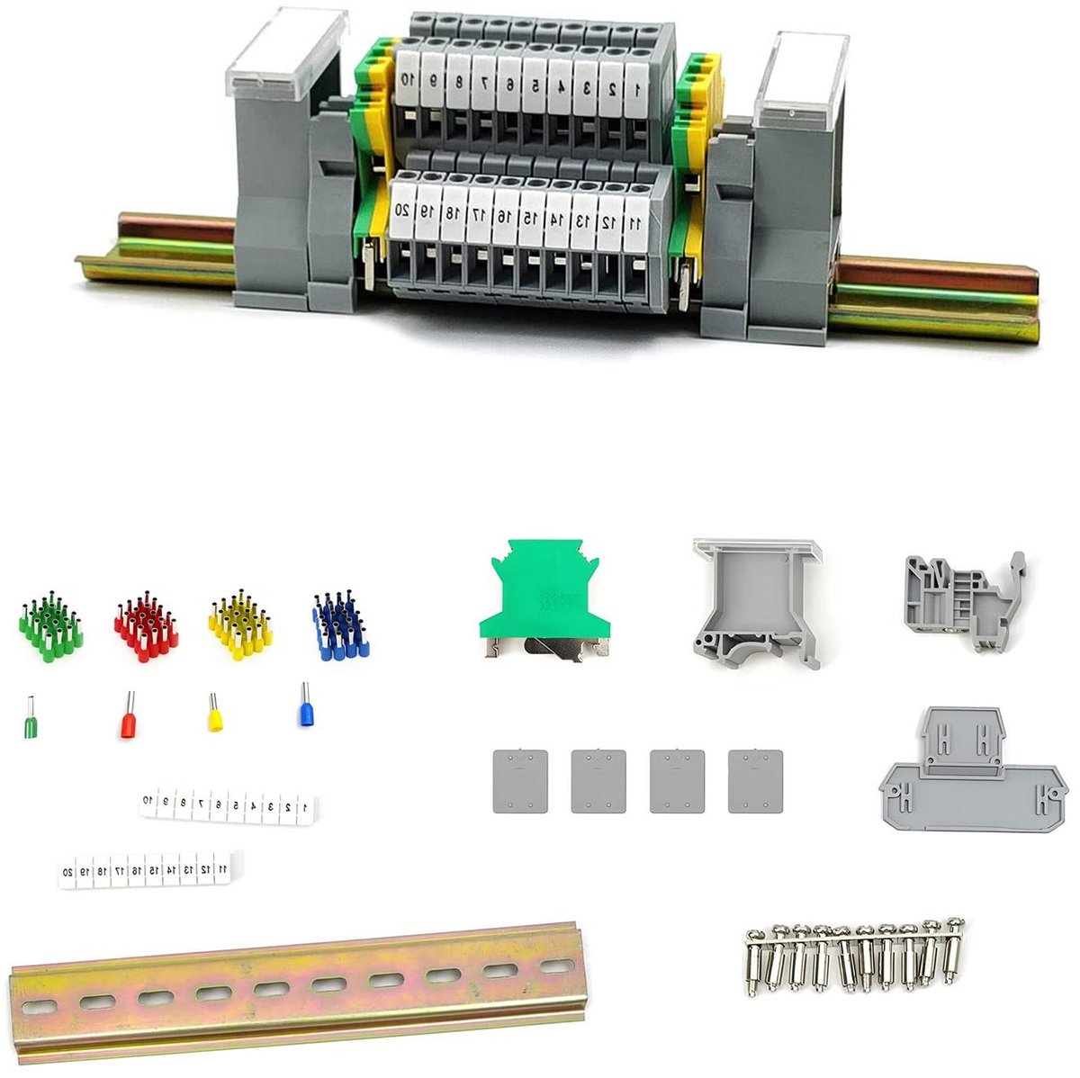 DIN-rail eindblokken met aansluitconnector voor draadconnectoren - Set van 2 - Eenvoudige bevestiging - Connector blok voor DIN-rail installatie.