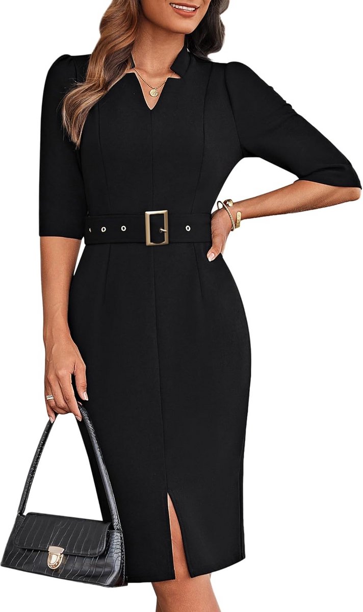 Elegante Bodycon Midi Jurk Dames met V-Hals en 3/4 Mouwen - Getailleerd Wikkelmodel