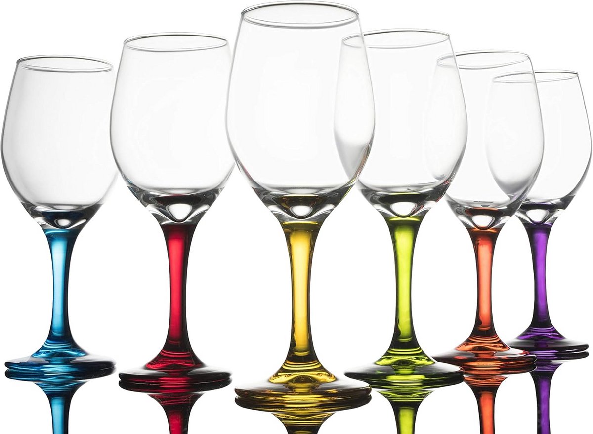 Set van 6 Gekleurde Stijl Wijnglazen - 350ml - Feestelijke Bekers in Diverse Kleuren