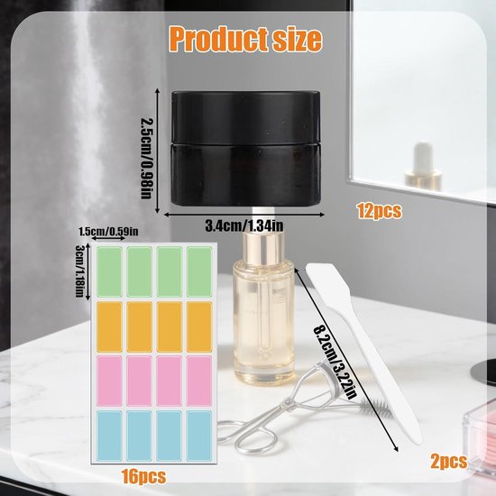 Bruine Glazen Crèmepotjes - Lege Potjes voor Crèmes en Cosmetica - Set van 12 - Met Deksel, Scraper en Stickers - UV-beschermend - Herbruikbaar - 5 ml — afbeelding 4