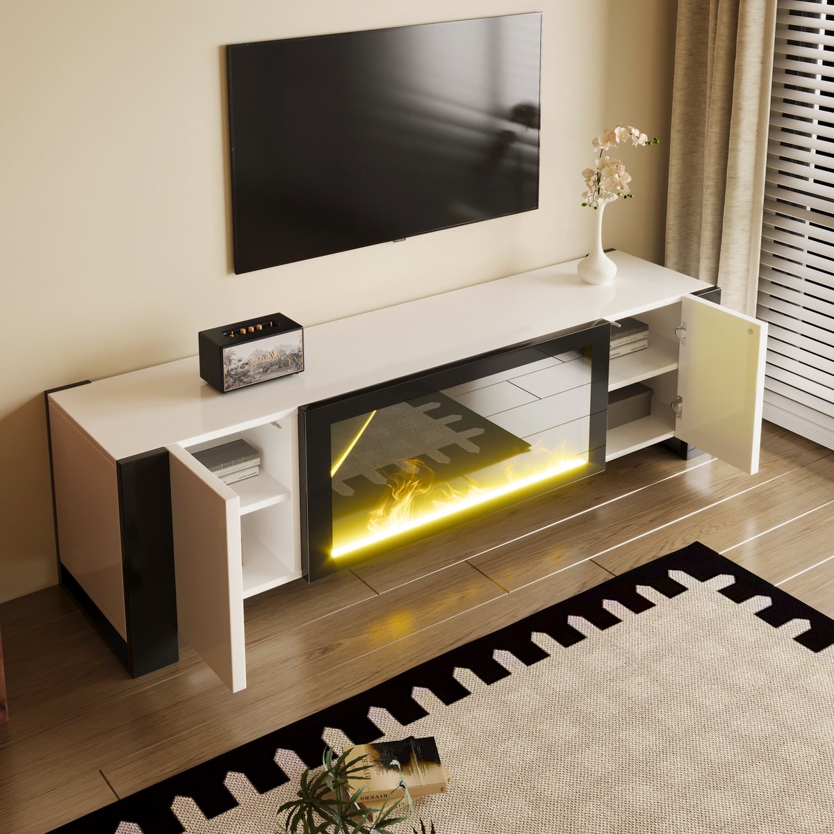 OKWISH Tv Meubel - Met Decoratieve Elektrische Haard Zonder Verwarming - Hoogglans - Woonkamer - Spaanplaat Wit Zwart - 165x32x55 Cm wit+zwart