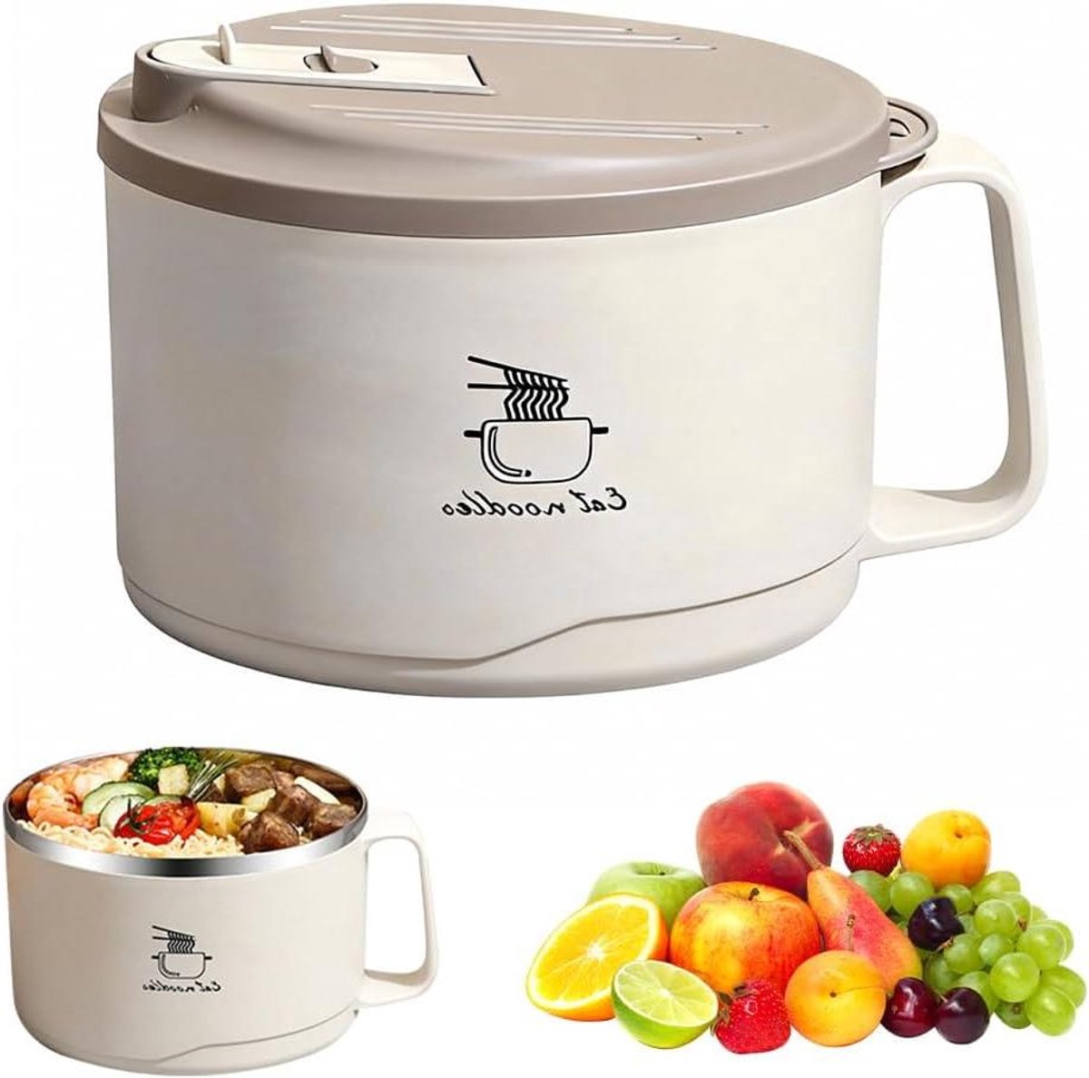 RVS kom voor noedels en soep met deksel - 1100 ml - ideaal voor pasta en fruitaanvulling.