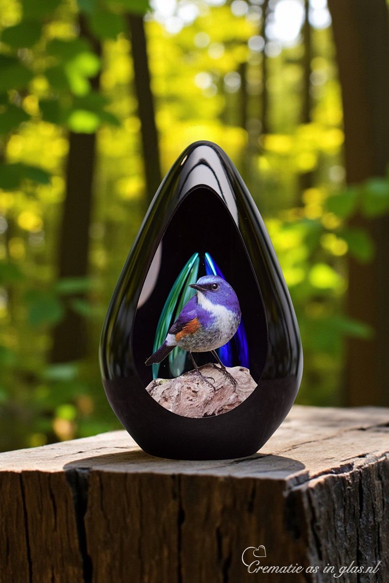 Urn van glas met vogelafbeelding –design glazen urn- zwart met transparant blauw-inhoud 100ml