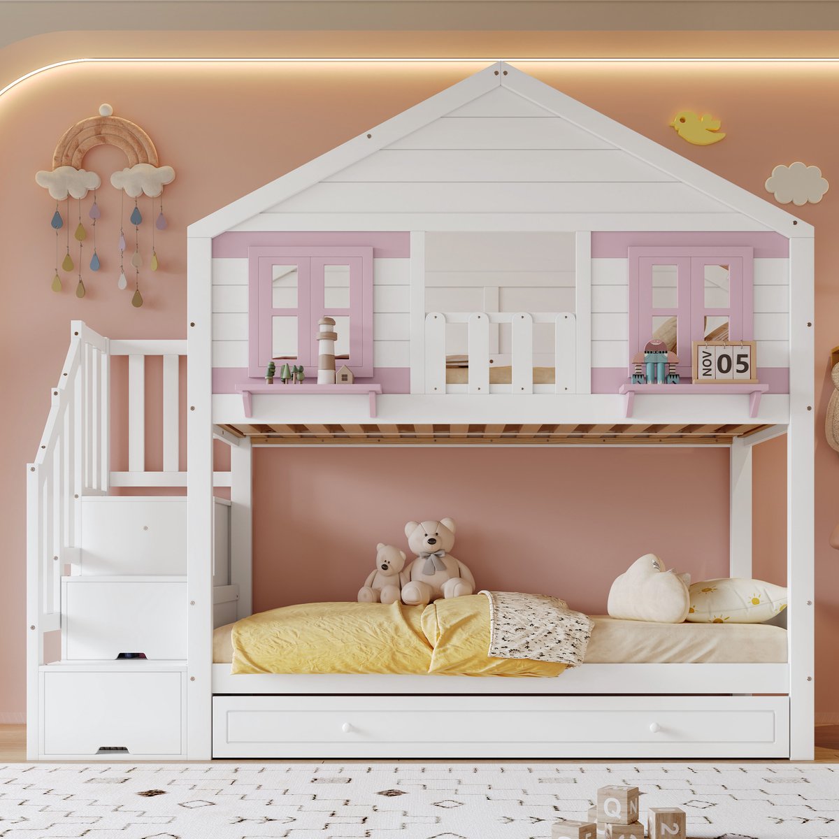 Merax Stapelbed 90x200 cm - kinderbed - met uitschuifbaar bed - kledingopslag - met raam en dak - wit en roze - zonder matras