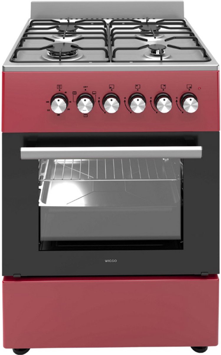 Wiggo WO-E606A(RX) – Vrijstaand Gasfornuis met Elektrische Oven (60 cm) – Rood