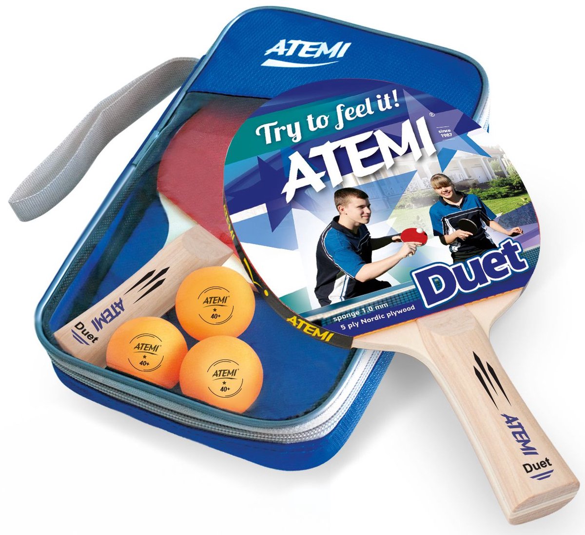 Atemi tafeltennis set Duet 2 bats met 3 oranje 1-ster ballen.