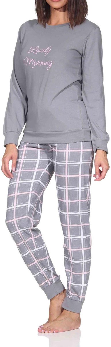 Normann damespyjama met lange mouwen en geruite jersey broek grau