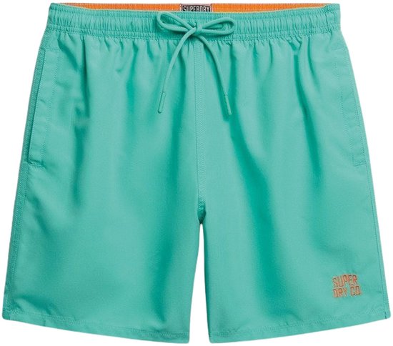 Mintgroene zwembroek met oranje bies aan de binnenzijde van de tailleband. Met trekkoord en oranje logo.