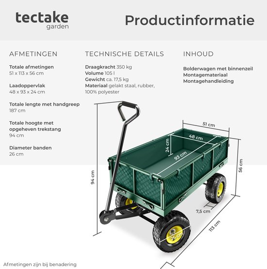 tectake® Transportkar - Handkar met Opklapbare Zijwand - Bolderkar voor het Strand - Trolley voor de Tuin, Bolderwagen, Transportwagen om te Trekken - Wagen met een Draagvermogen tot 350 kg - Groen van TecTake — afbeelding 5