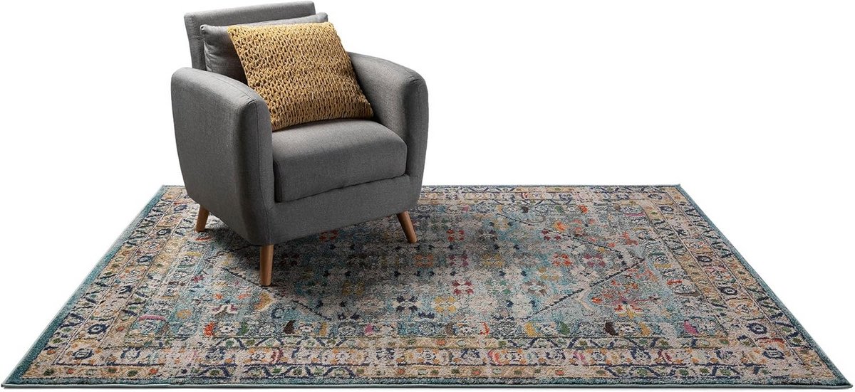 Vintage Tapijt Blauw 120x170 cm - Vloerkleed voor Woonkamer, Slaapkamer en Hal - Geschikt 