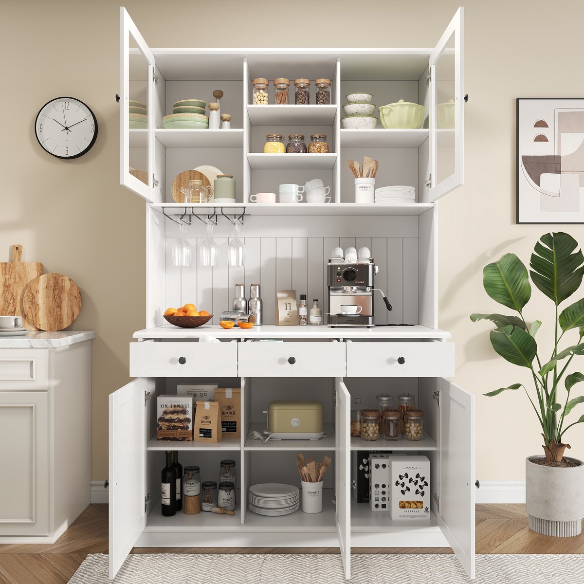 STILVORA Buffetkast - Hoge Kast Met Glazen Deuren En Glazenhouder - Opbergkast Met Lade En Stopcontact - MDF - Wit - 120x40x191 Cm