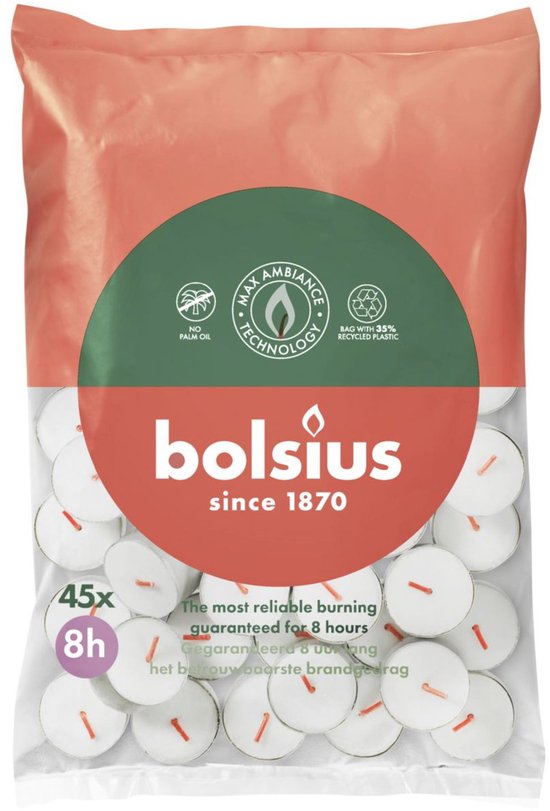 Bolsius Theelichten Wit 8 branduren - 45 stuks